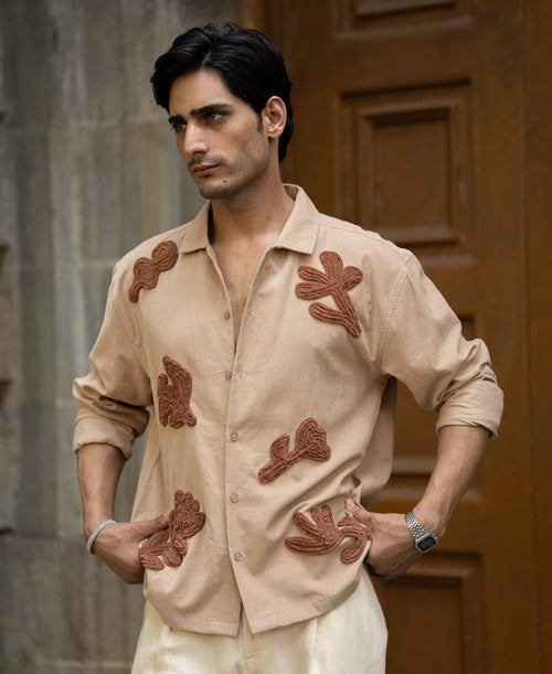Beige Corduroy Embroidered Shirt 100% Cotton