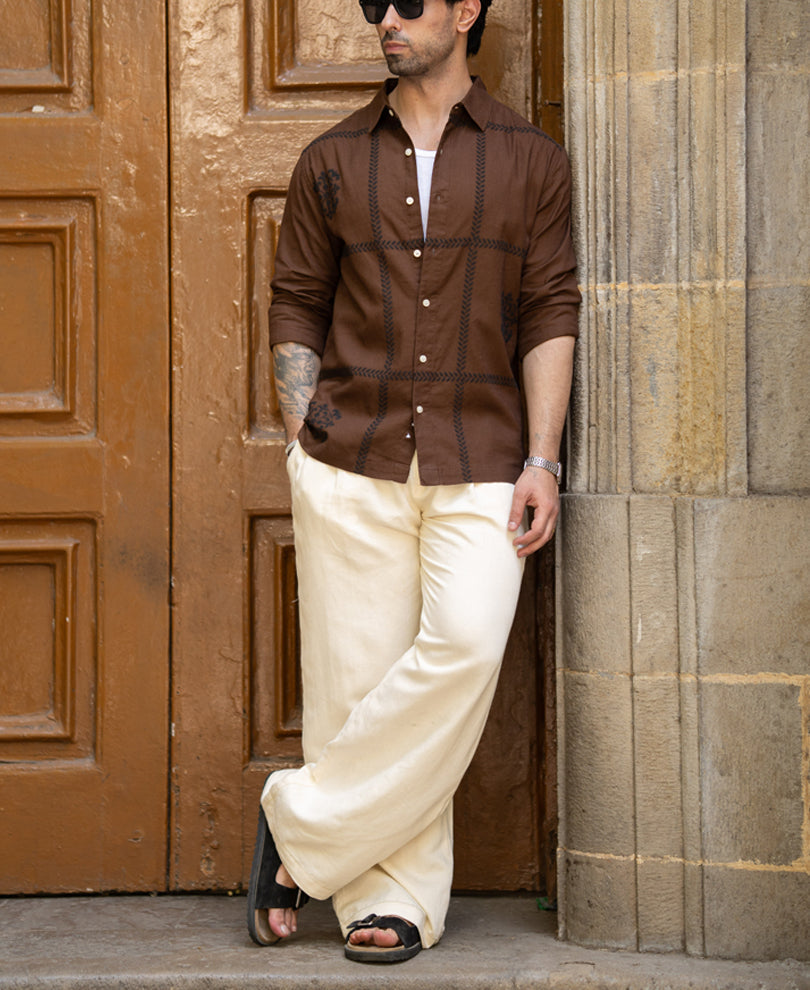 Brown Embroidered Shirt 100% Cotton