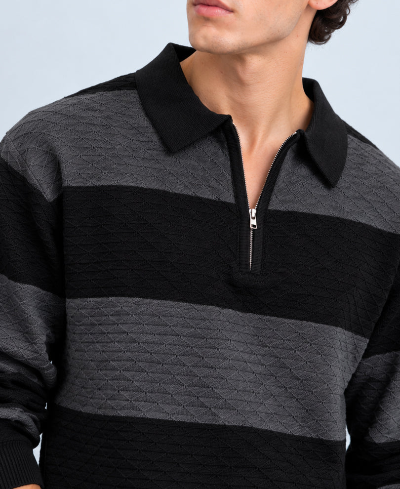 Grey & Black Knitted Stripe T-Shirt 100% Cotton