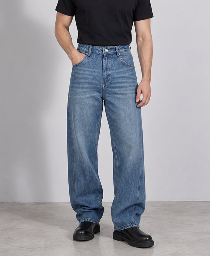 Blue Panelled Baggy Fit Jeans