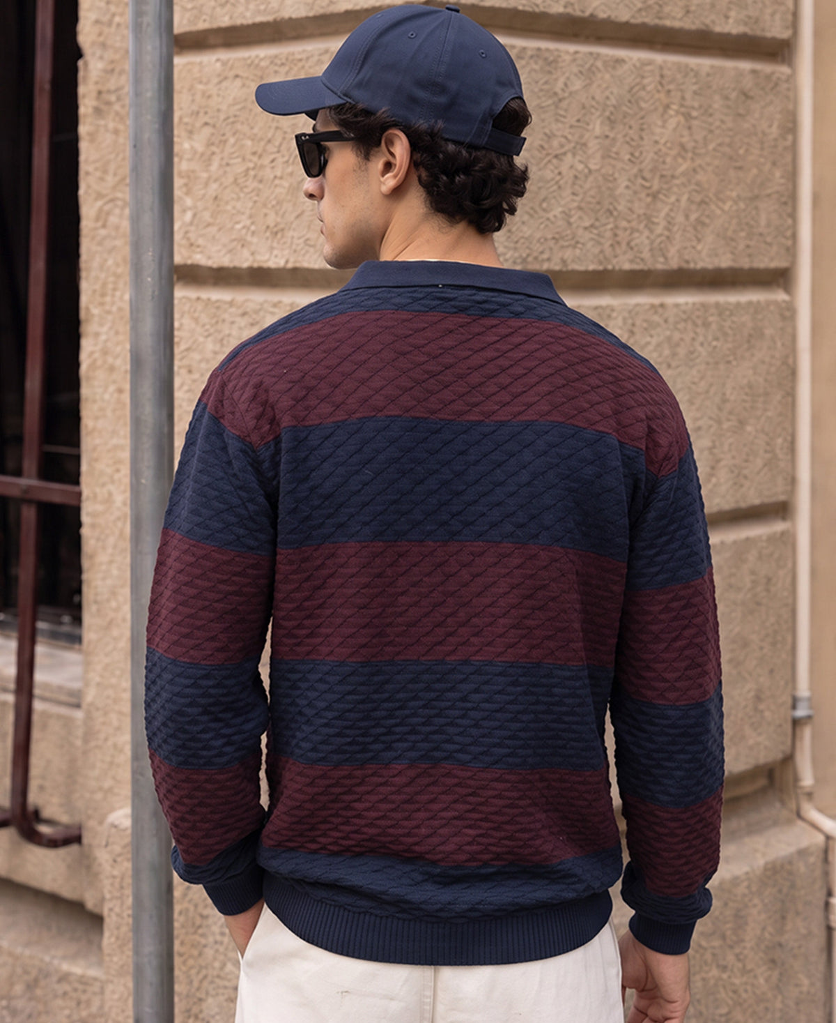 Wine & Navy Knitted Stripe T-Shirt 100% Cotton