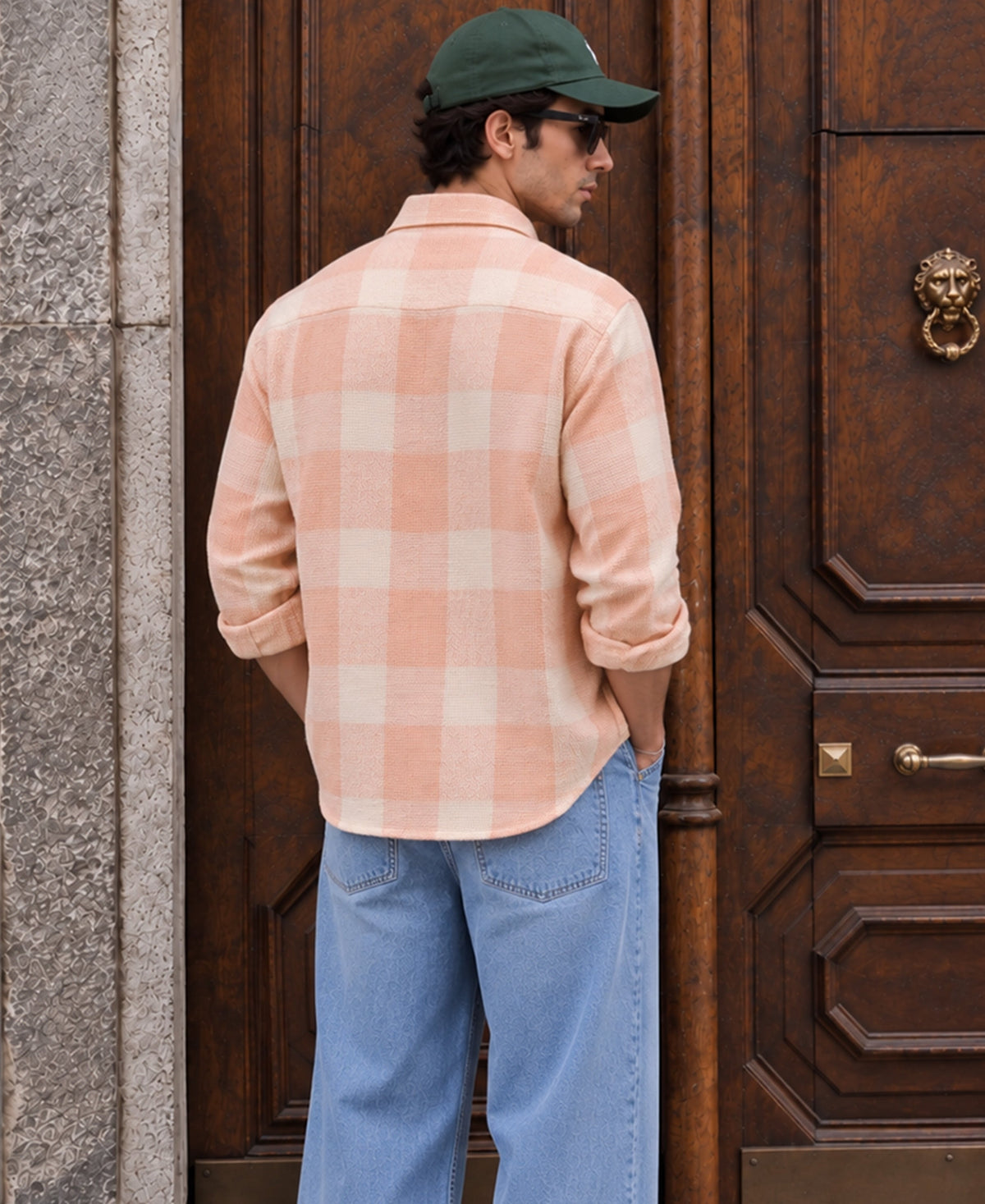 Light Peach Structured Checks Shirt
