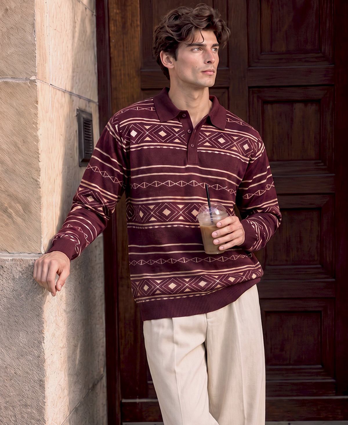 Wine Geometric Jacquard Cotton T-Shirt