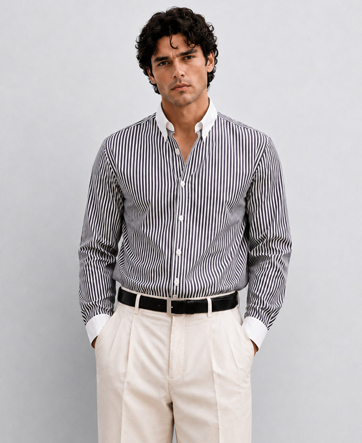 Black Striped Contrast Collar Shirt