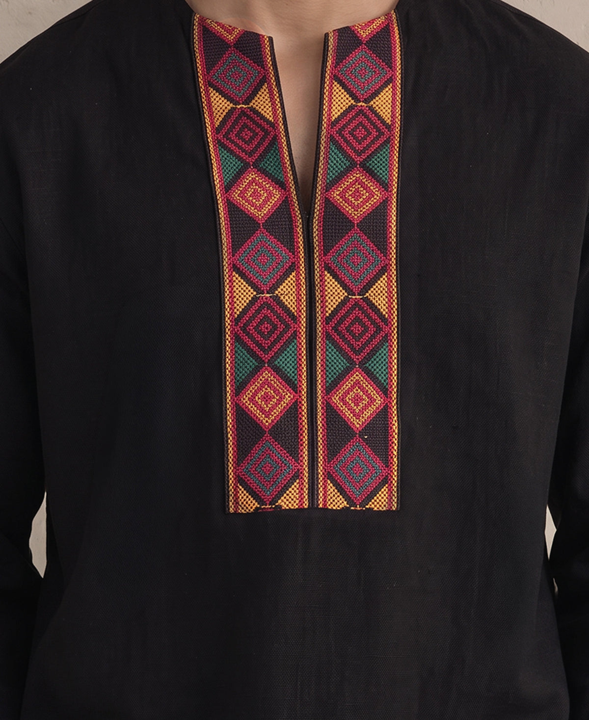 Black Contrast Embroidered Kurta Shirt