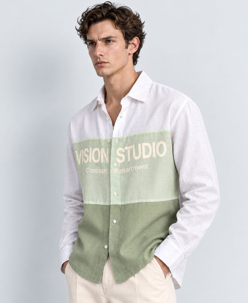 Green Colourblocked Printed Shirt