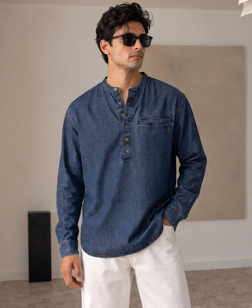 Blue Washed Denim Kurta Shirt