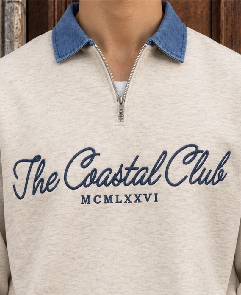 Ecru Melange Embroidered Zipper T-Shirt