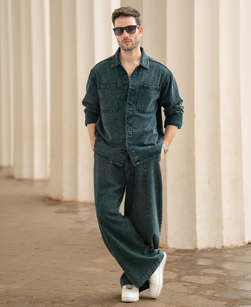 Dark Green Washed Structured Cord Set 100% Cotton