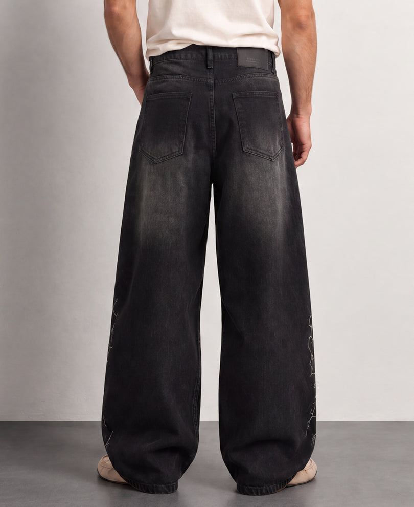 Black Thunder Print Baggy Jeans