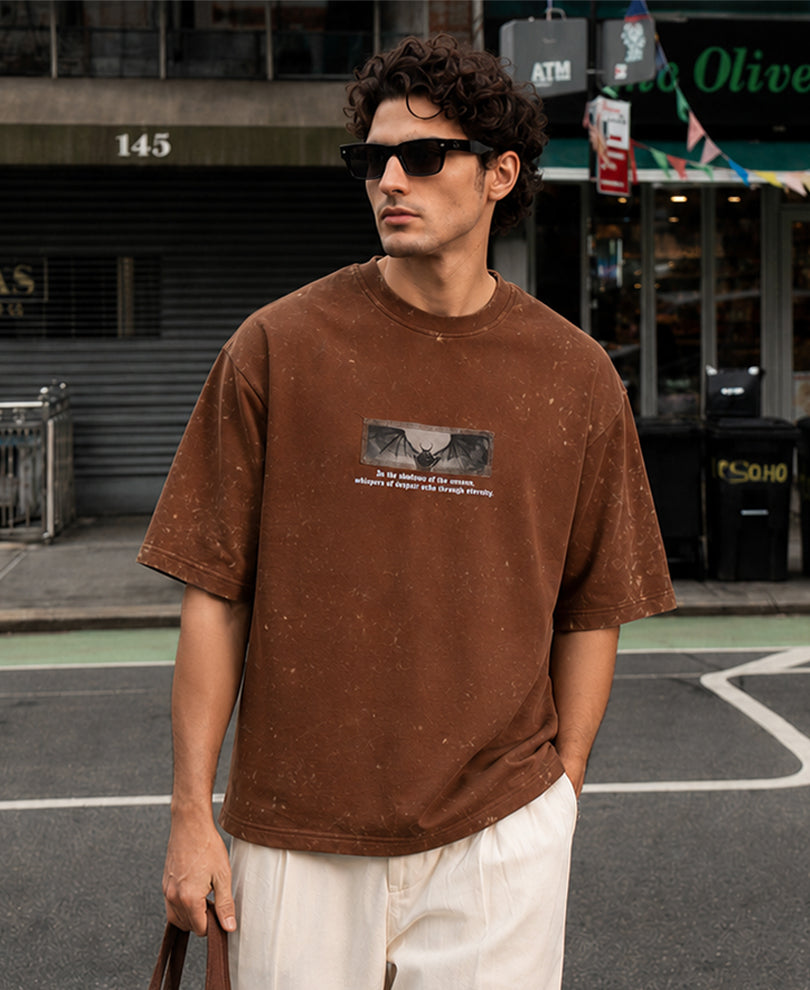 Brown Gothic Print Washed T-Shirt 100% Cotton