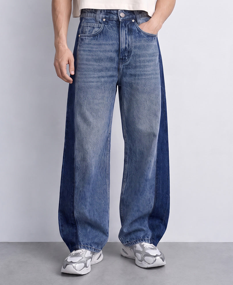 Dark Blue Panelled Baggy Jeans