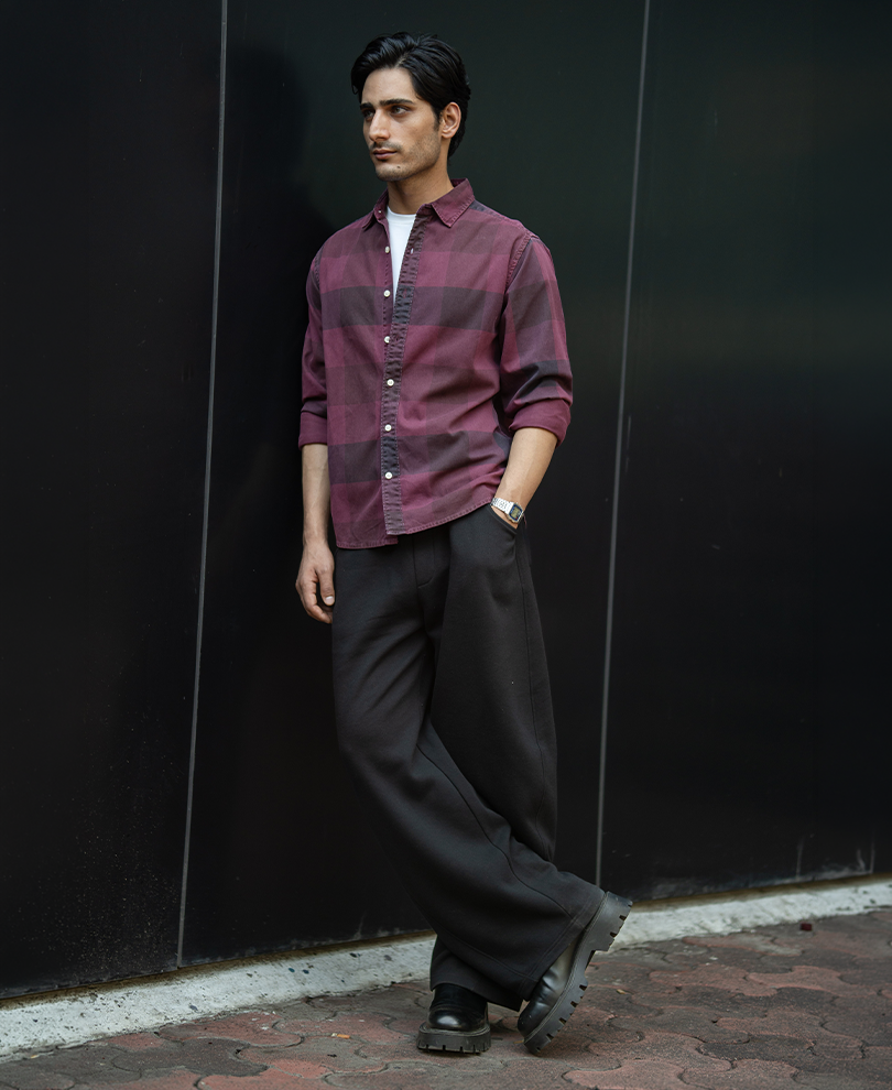 Burgundy Overdyed Checks Shirt 100% Cotton