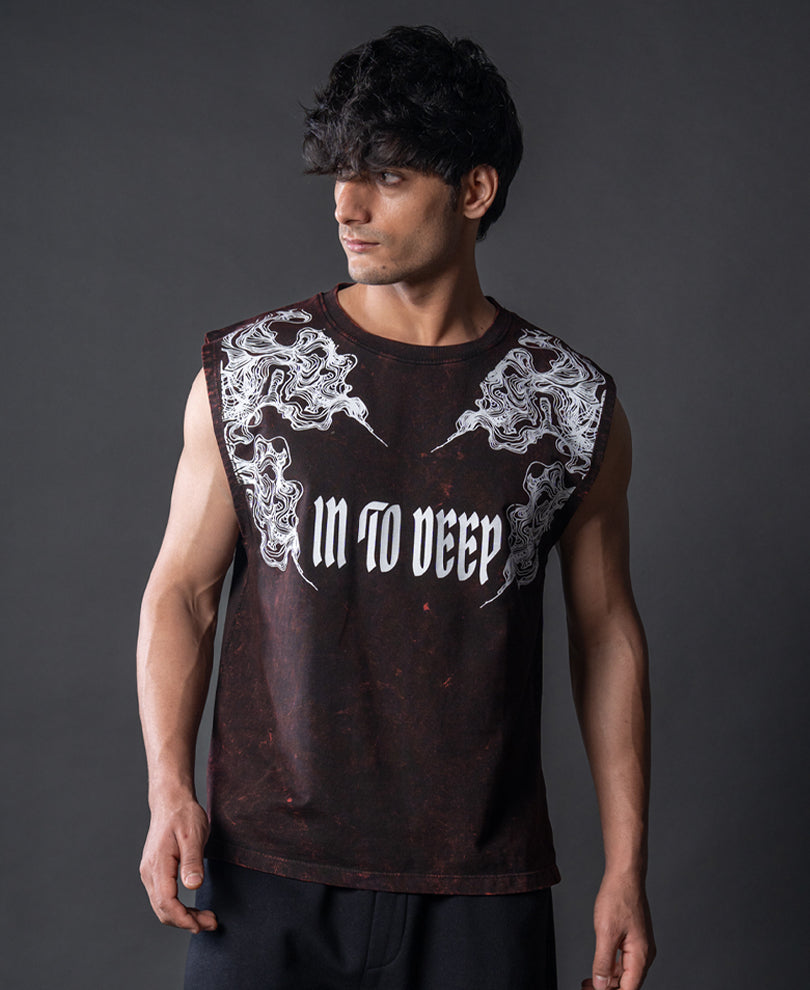 Washed Brown Printed Drop Shoulder Sando 100% Cotton