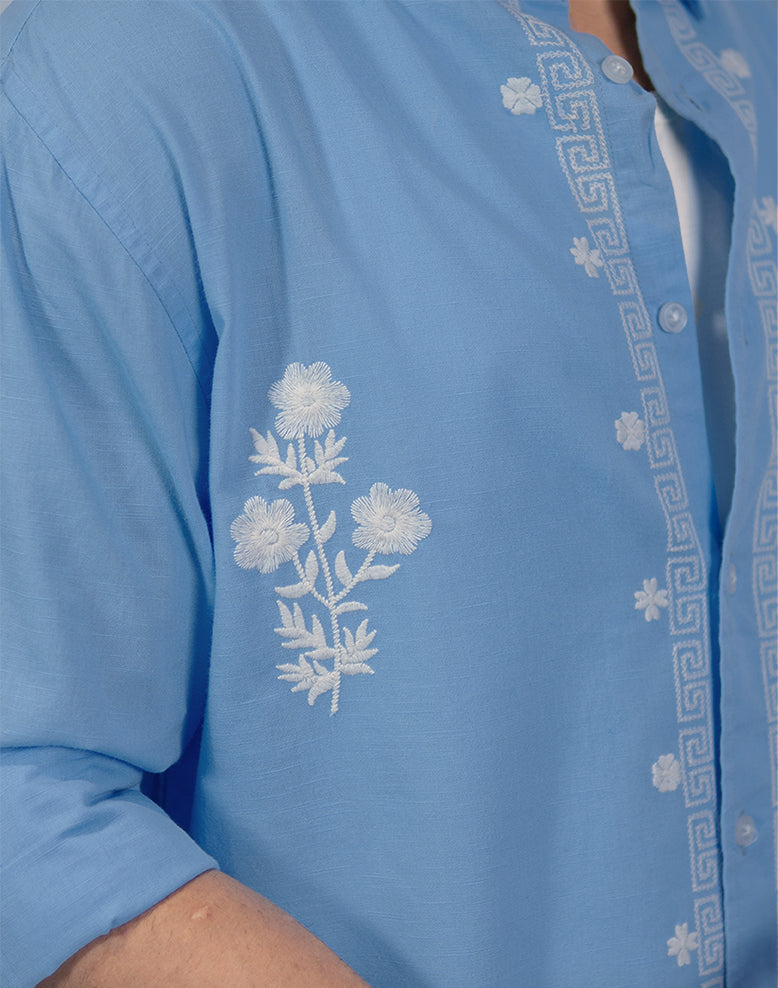 Sky Blue Floral Embroidery Shirt