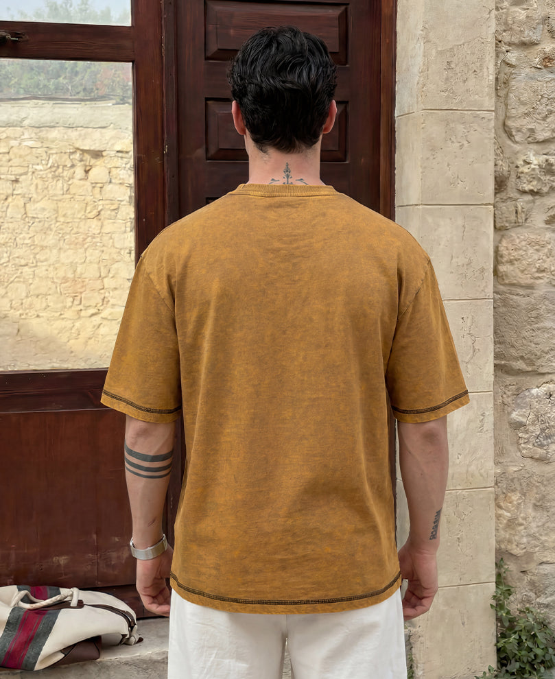 Dark Mustard Panelled Washed T-Shirt 100% Cotton