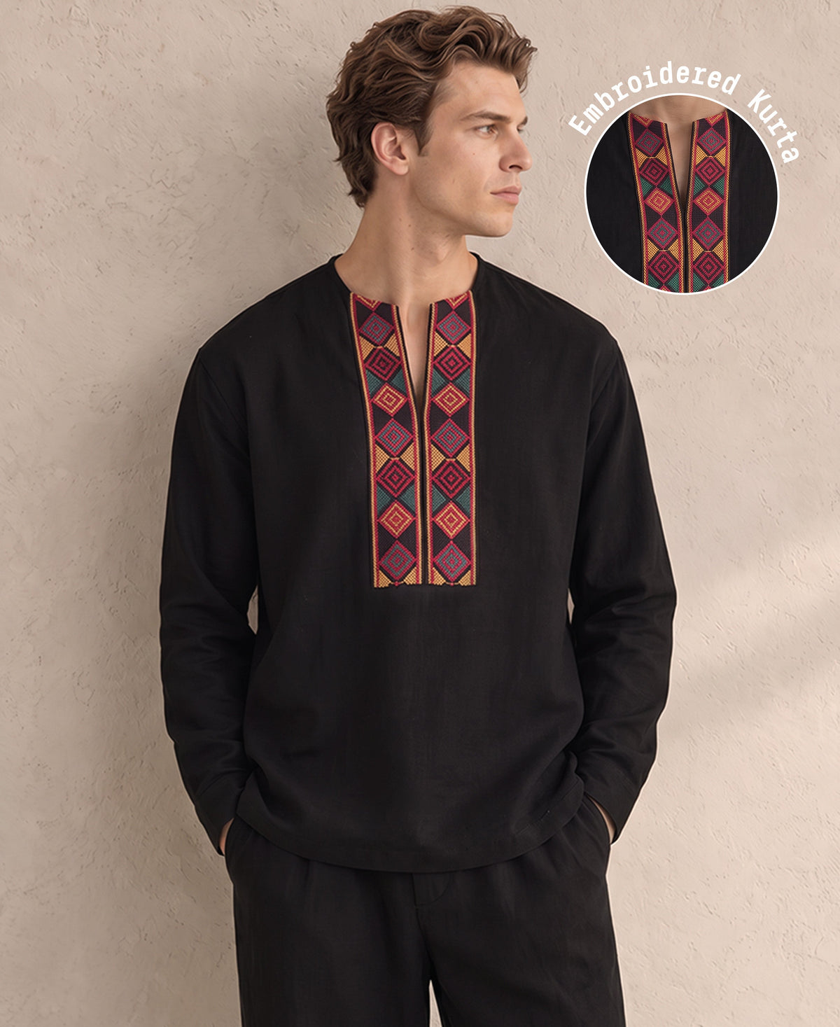 Black Contrast Embroidered Kurta Shirt