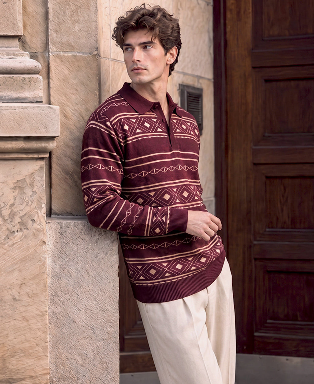Wine Geometric Jacquard Cotton T-Shirt