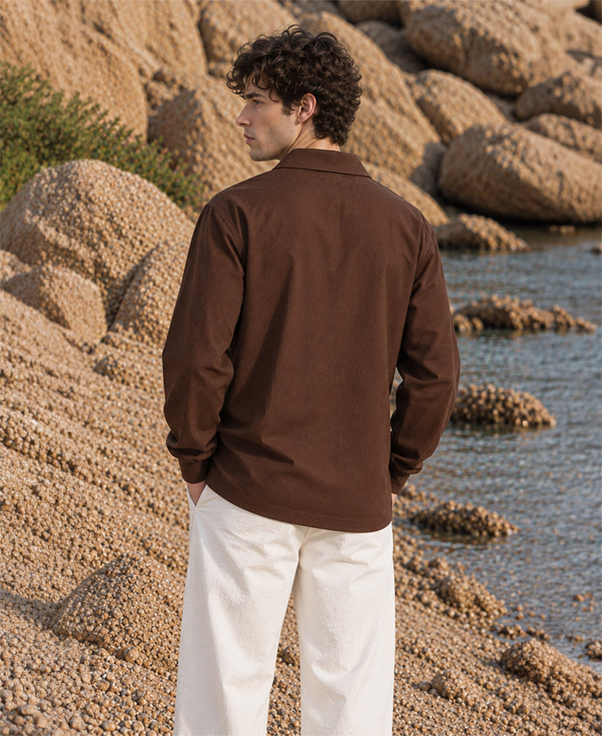 Brown Embroidered Linen Blend Kurta Shirt