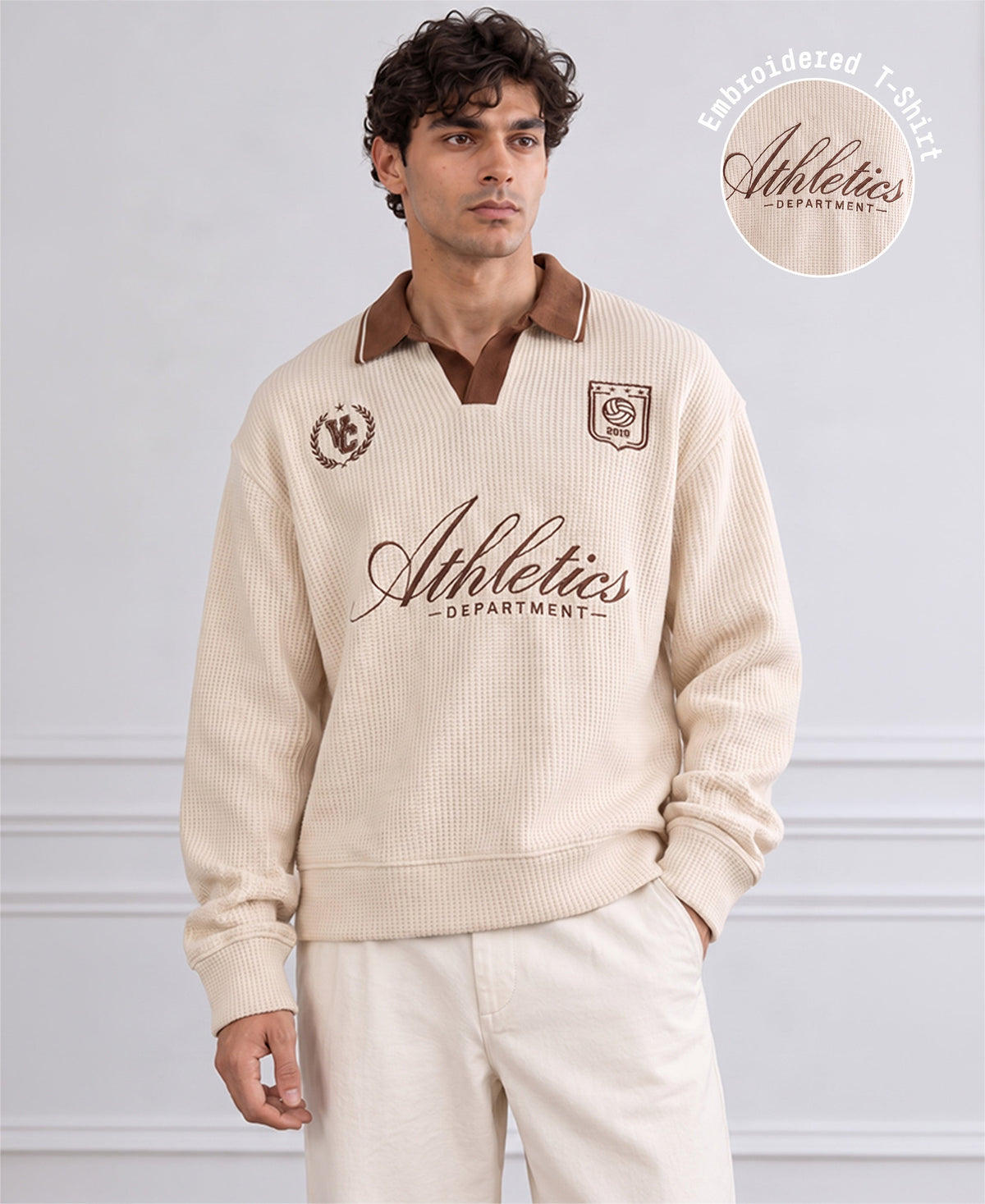 Cream Embroidered Structure T-Shirt