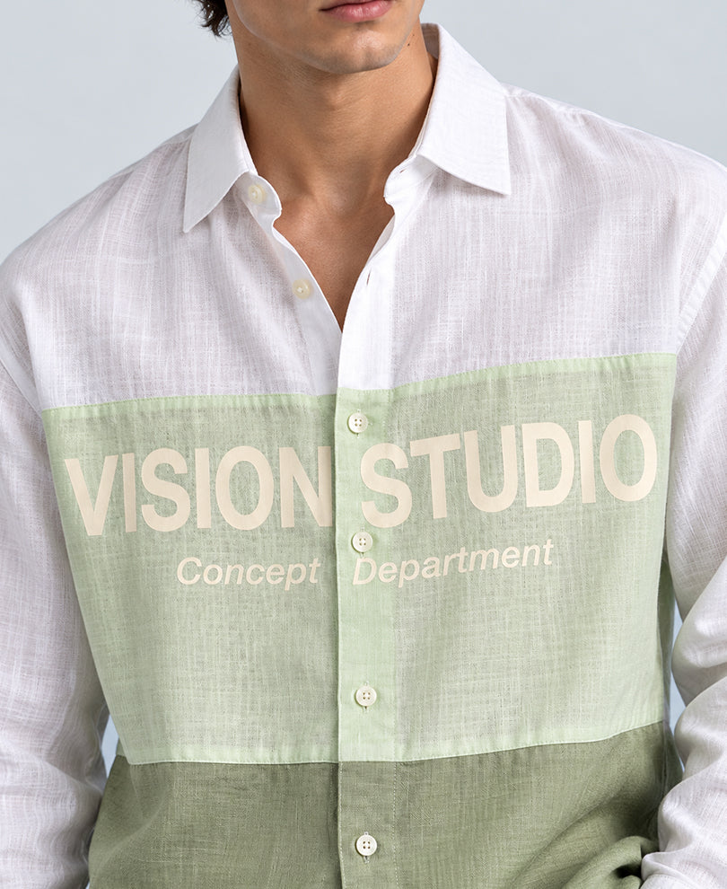 Green Colourblocked Printed Shirt