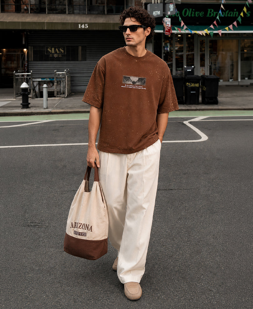 Brown Gothic Print Washed T-Shirt 100% Cotton
