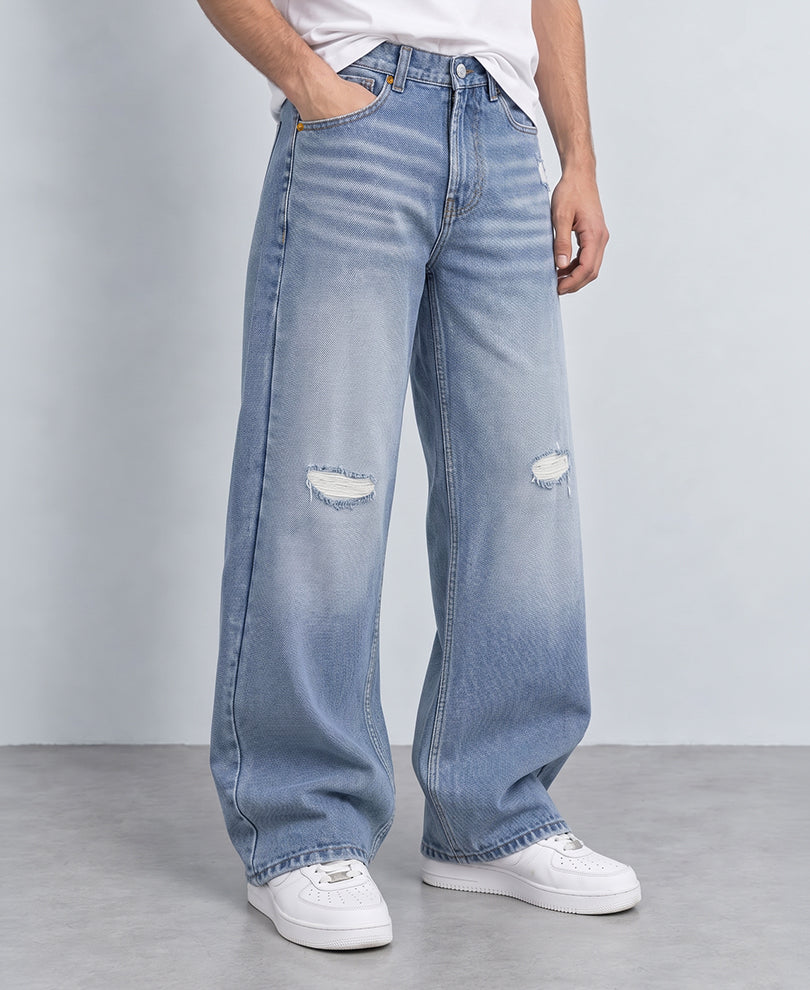 Blue Distressed Washed Baggy Jeans