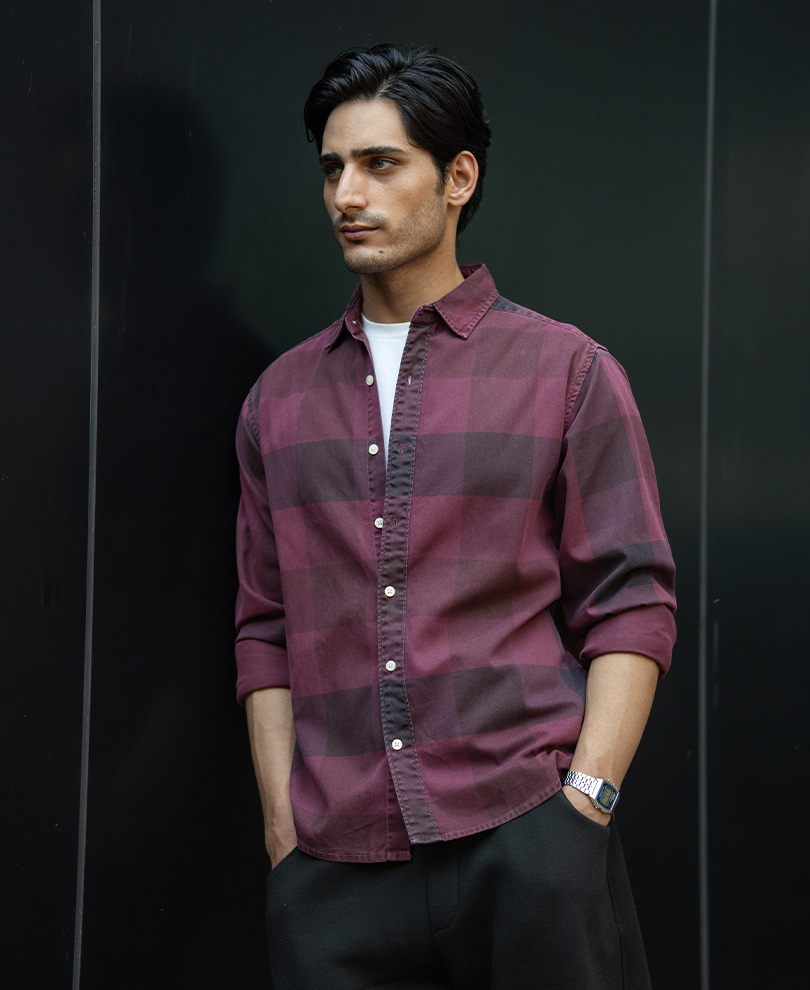 Burgundy Overdyed Checks Shirt 100% Cotton