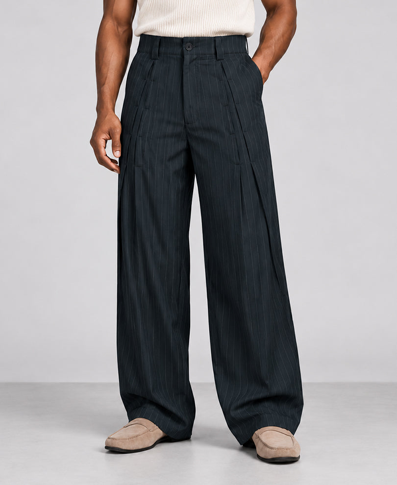 Navy Pleated Tailored Trousers
