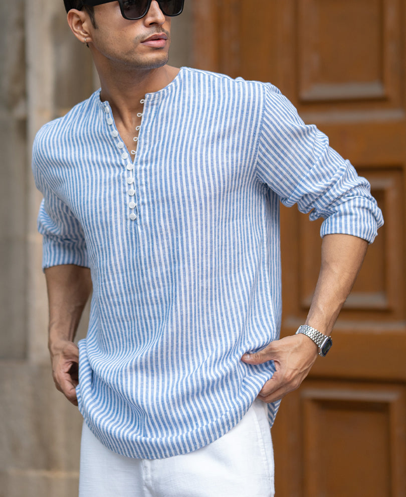Blue Striped Linen Blend Kurta Shirt