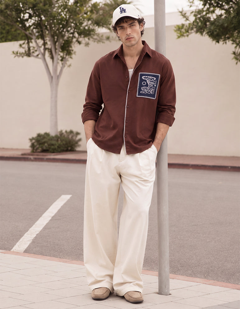 Brown Embroidered Patch Linen Blend Shirt