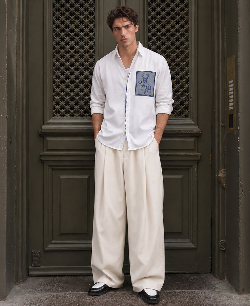 White Embroidered Patch Linen Blend Shirt