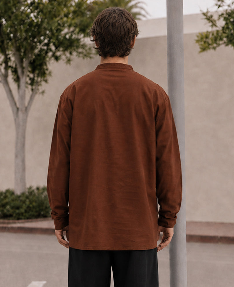 Brown Linen Blend Embroidered Kurta Shirt