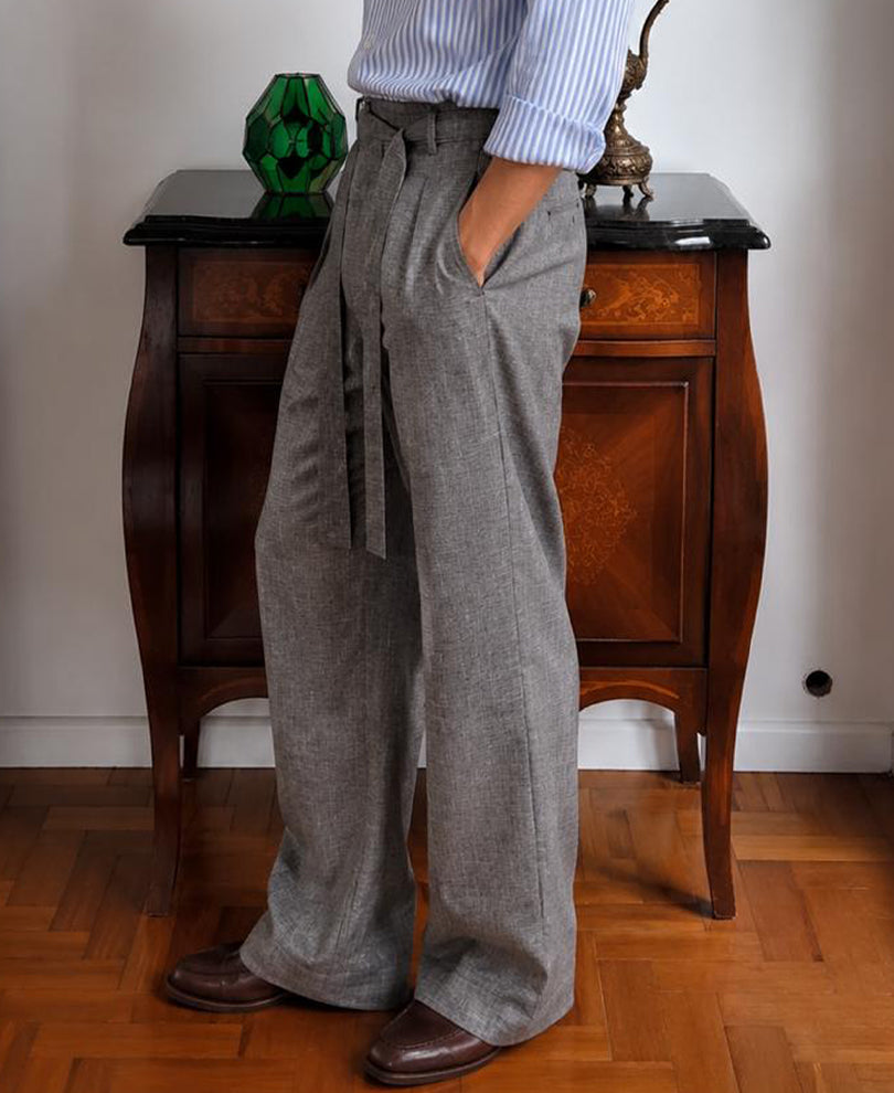 Grey Melange Striped Trouser