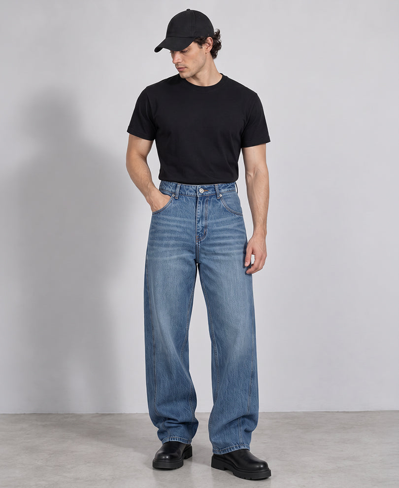 Blue Panelled Baggy Fit Jeans