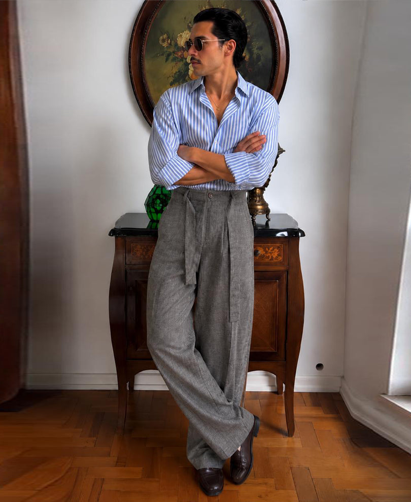 Grey Melange Striped Trouser