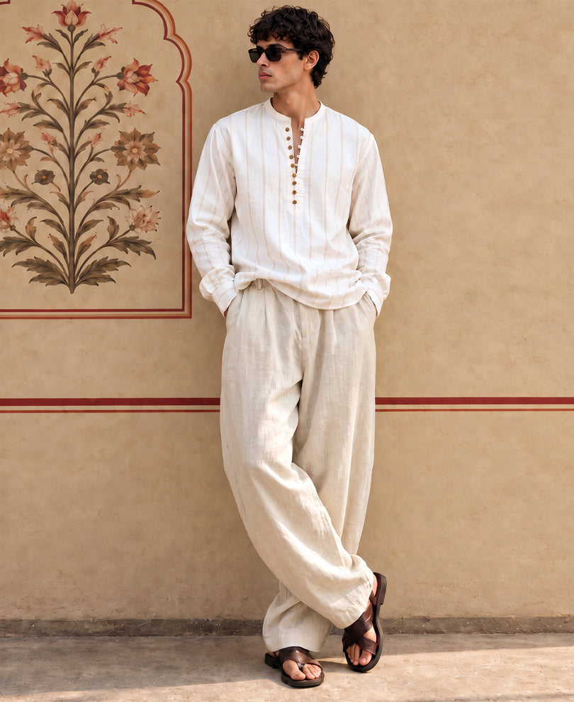 Off White Striped Kurta Shirt
