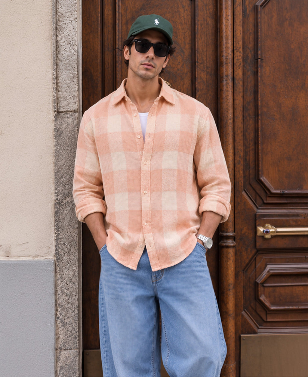 Light Peach Structured Checks Shirt