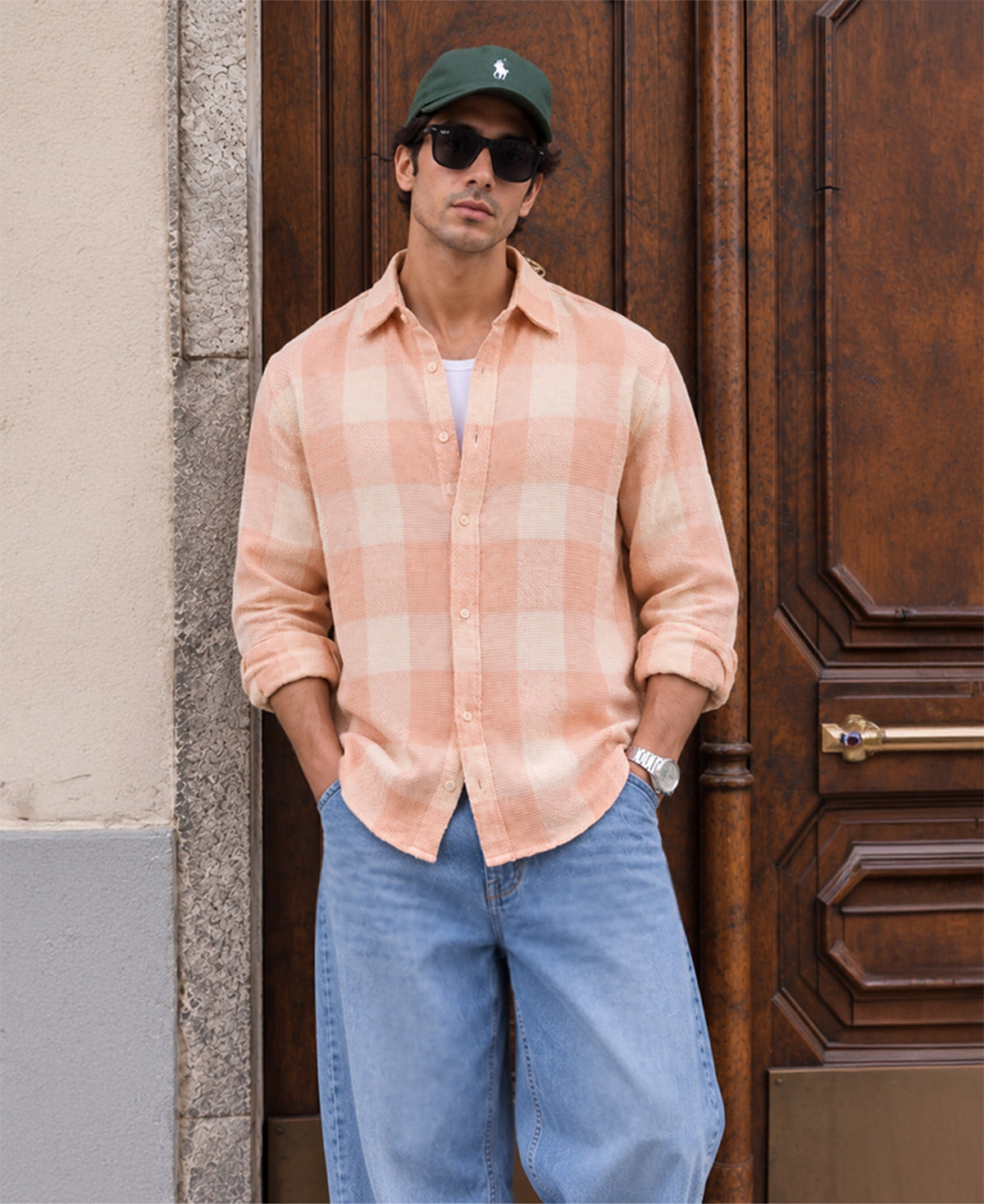 Light Peach Structured Checks Shirt