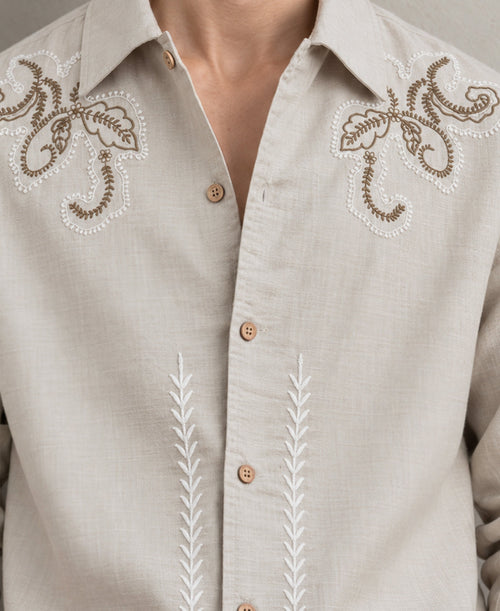 Beige Floral Embroidery Shirt 100% Cotton