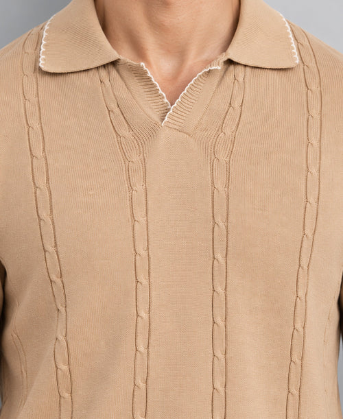 Beige Cable Knit T-Shirt 100% Cotton