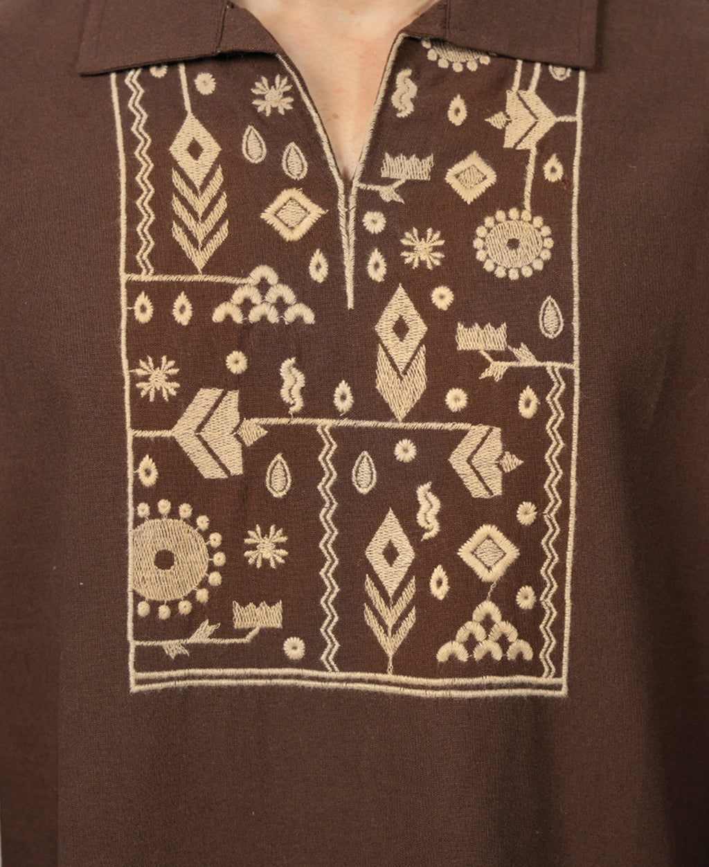 Brown Embroidered Linen Blend Kurta Shirt