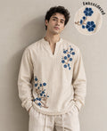 Natural Embroidered Striped Kurta Shirt