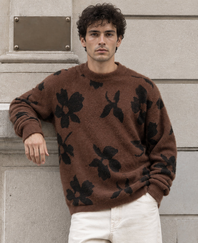 Brown Floral Fuzzy Sweater