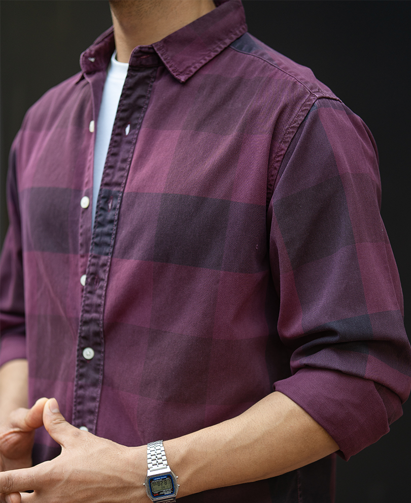 Burgundy Overdyed Checks Shirt 100% Cotton