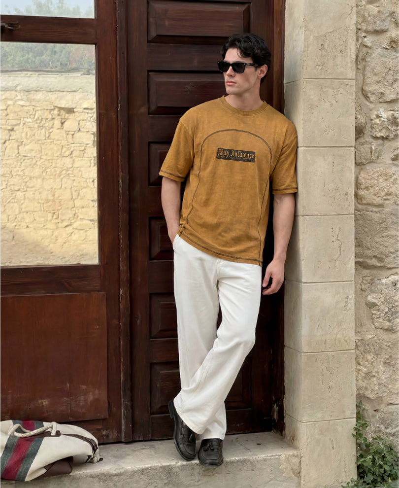 Dark Mustard Panelled Washed T-Shirt 100% Cotton