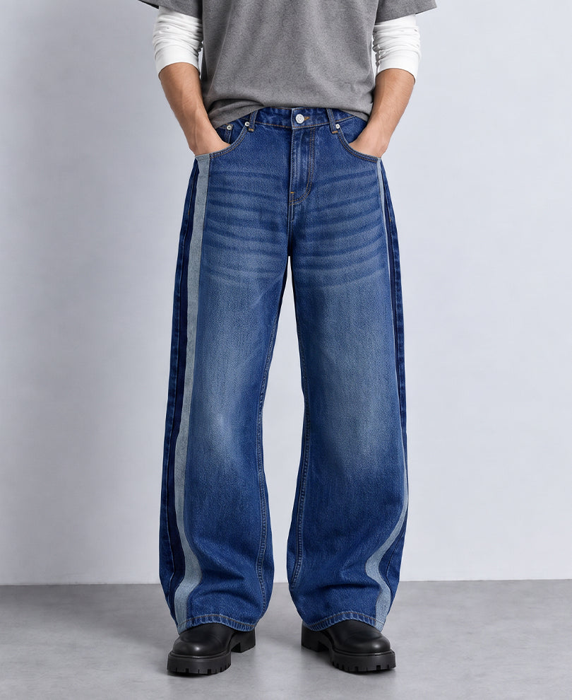 Blue Washed Paneled Denim Jeans