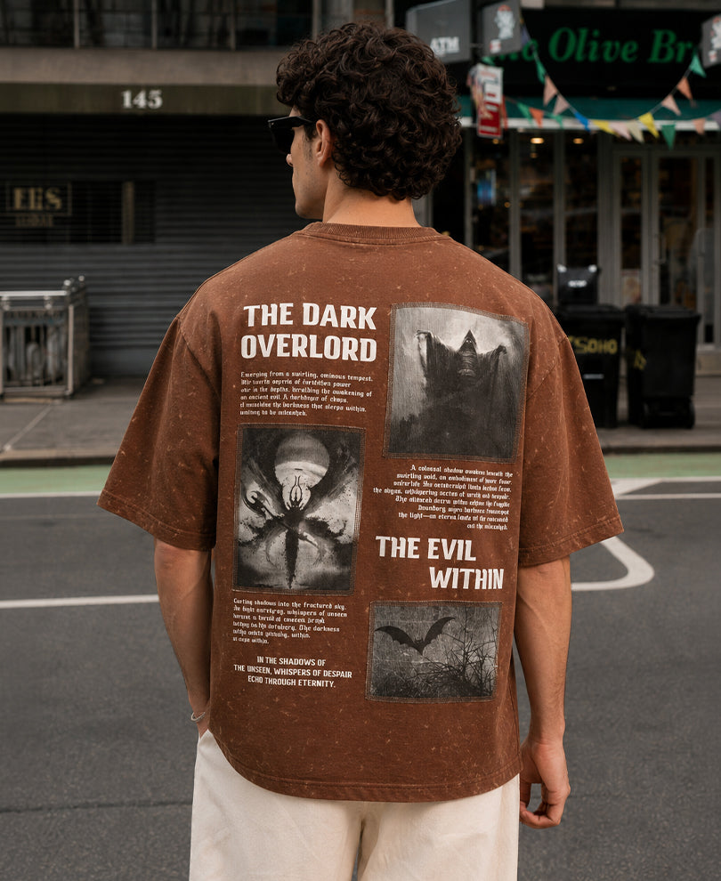 Brown Gothic Print Washed T-Shirt 100% Cotton