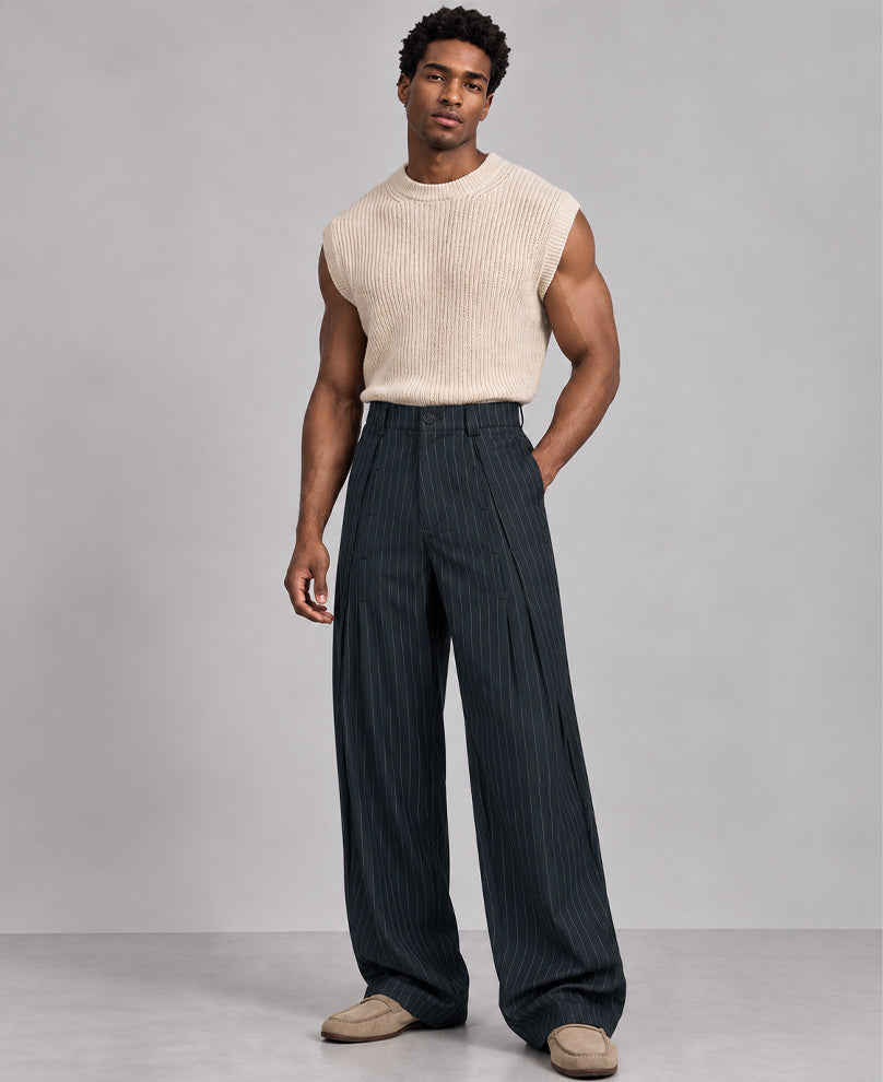 Navy Pleated Tailored Trousers