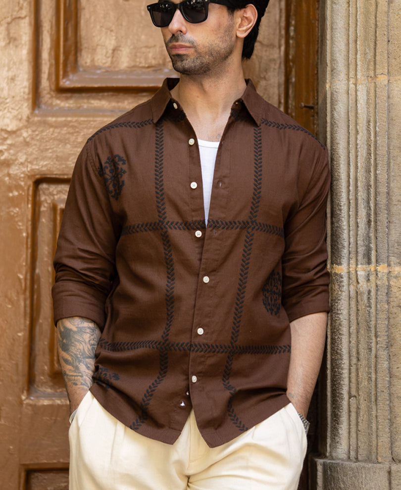 Brown Embroidered Shirt 100% Cotton